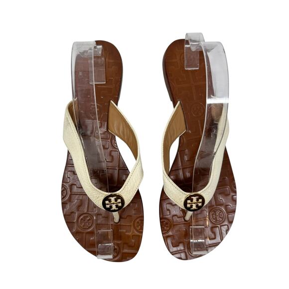 Tory Burch Thora Thong Sandals Flip Flops Patent Leather Ivory Gold Size US 8 - Picture 2 of 14